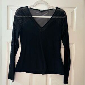 Express V-Neck Black Mesh Long Sleeve - Size Medium